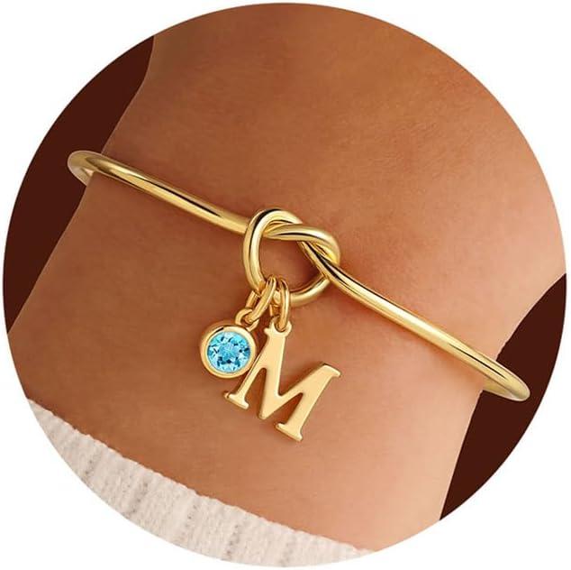 imageM MOOHAM Valentines Gifts for Kids Her Women Initial Birthstone Knot Bracelets for Women Jewelry Tie the Knot Bridesmaid Proposal Gifts 14KGoldPlated Adjustable Birthstone Initial Bracelets Gifts03MarchAquamarine Light Blue