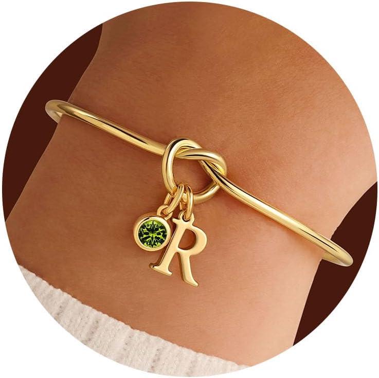 imageM MOOHAM Valentines Gifts for Kids Her Women Initial Birthstone Knot Bracelets for Women Jewelry Tie the Knot Bridesmaid Proposal Gifts 14KGoldPlated Adjustable Birthstone Initial Bracelets Gifts08AugustPeridot Light Green