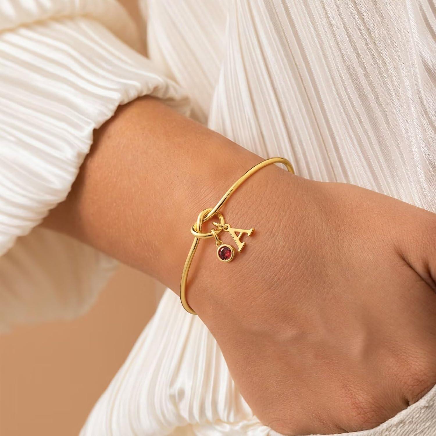 imageM MOOHAM Valentines Gifts for Kids Her Women Initial Birthstone Knot Bracelets for Women Jewelry Tie the Knot Bridesmaid Proposal Gifts 14KGoldPlated Adjustable Birthstone Initial Bracelets Gifts05MayEmerald Green