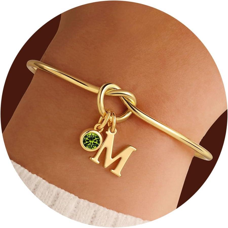 imageM MOOHAM Valentines Gifts for Kids Her Women Initial Birthstone Knot Bracelets for Women Jewelry Tie the Knot Bridesmaid Proposal Gifts 14KGoldPlated Adjustable Birthstone Initial Bracelets Gifts08AugustPeridot Light Green