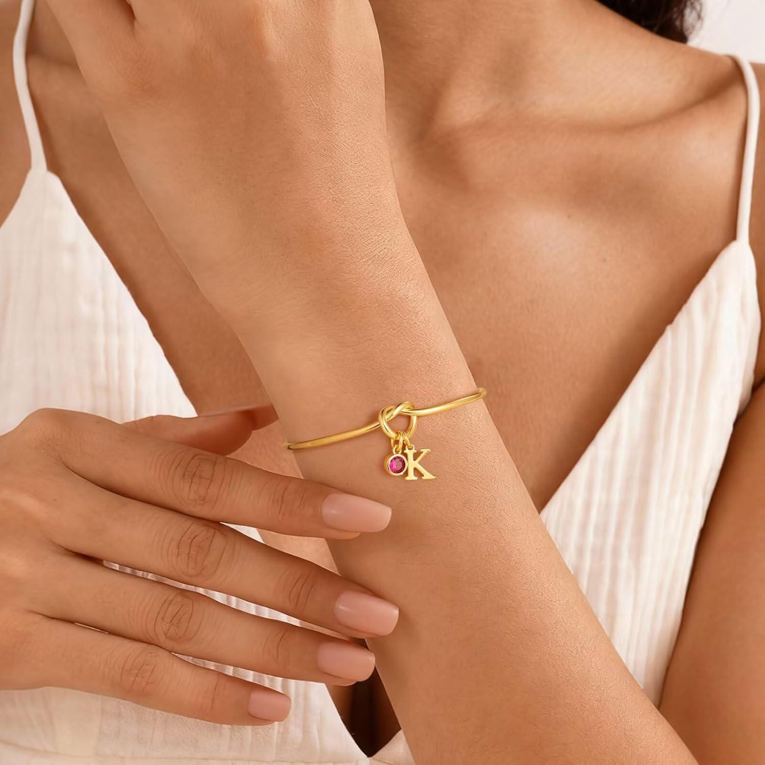 imageM MOOHAM Valentines Gifts for Kids Her Women Initial Birthstone Knot Bracelets for Women Jewelry Tie the Knot Bridesmaid Proposal Gifts 14KGoldPlated Adjustable Birthstone Initial Bracelets Gifts09SeptemberSapphire Blue