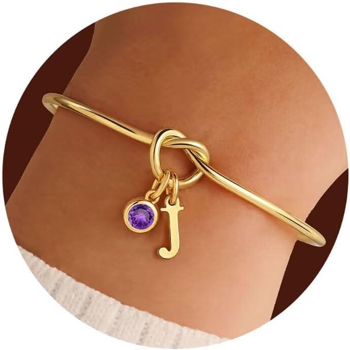imageM MOOHAM Valentines Gifts for Kids Her Women Initial Birthstone Knot Bracelets for Women Jewelry Tie the Knot Bridesmaid Proposal Gifts 14KGoldPlated Adjustable Birthstone Initial Bracelets Gifts02FebruaryAmethyst Purple