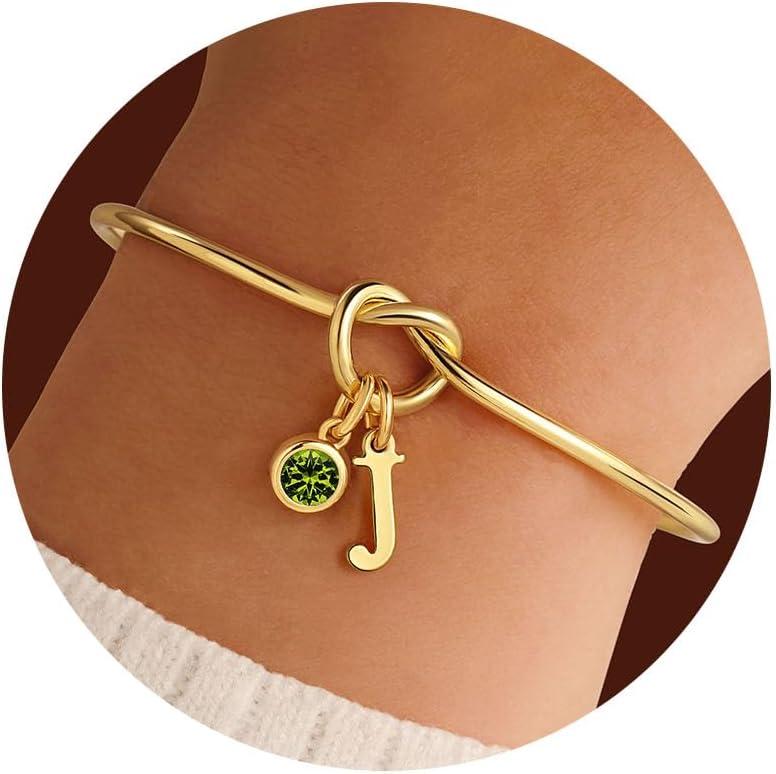 imageM MOOHAM Valentines Gifts for Kids Her Women Initial Birthstone Knot Bracelets for Women Jewelry Tie the Knot Bridesmaid Proposal Gifts 14KGoldPlated Adjustable Birthstone Initial Bracelets Gifts08AugustPeridot Light Green