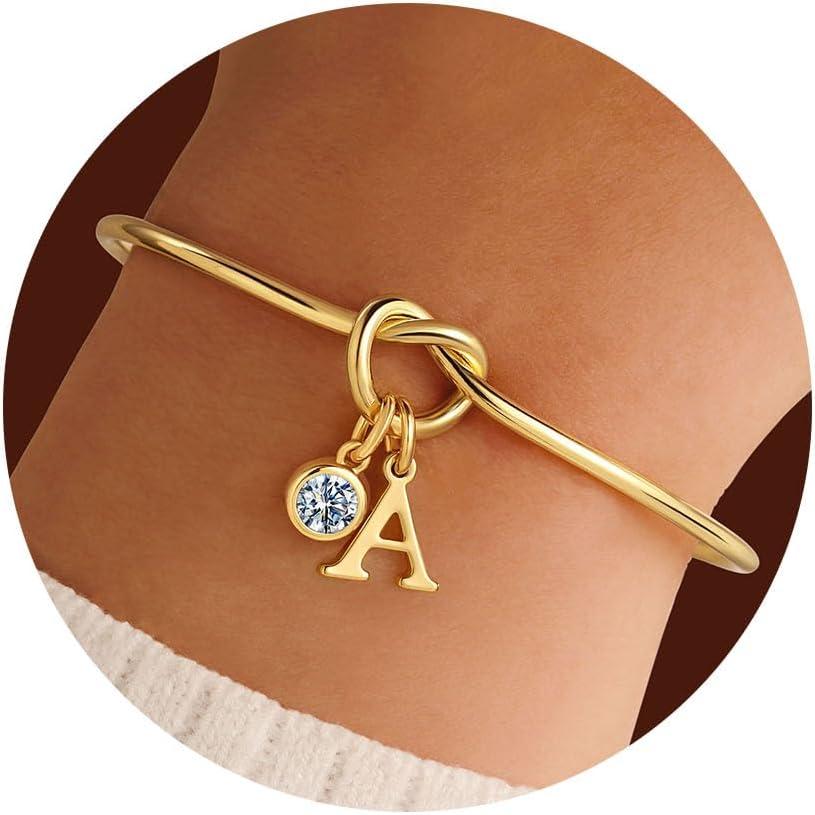 imageM MOOHAM Valentines Gifts for Kids Her Women Initial Birthstone Knot Bracelets for Women Jewelry Tie the Knot Bridesmaid Proposal Gifts 14KGoldPlated Adjustable Birthstone Initial Bracelets Gifts04AprilClear CZ