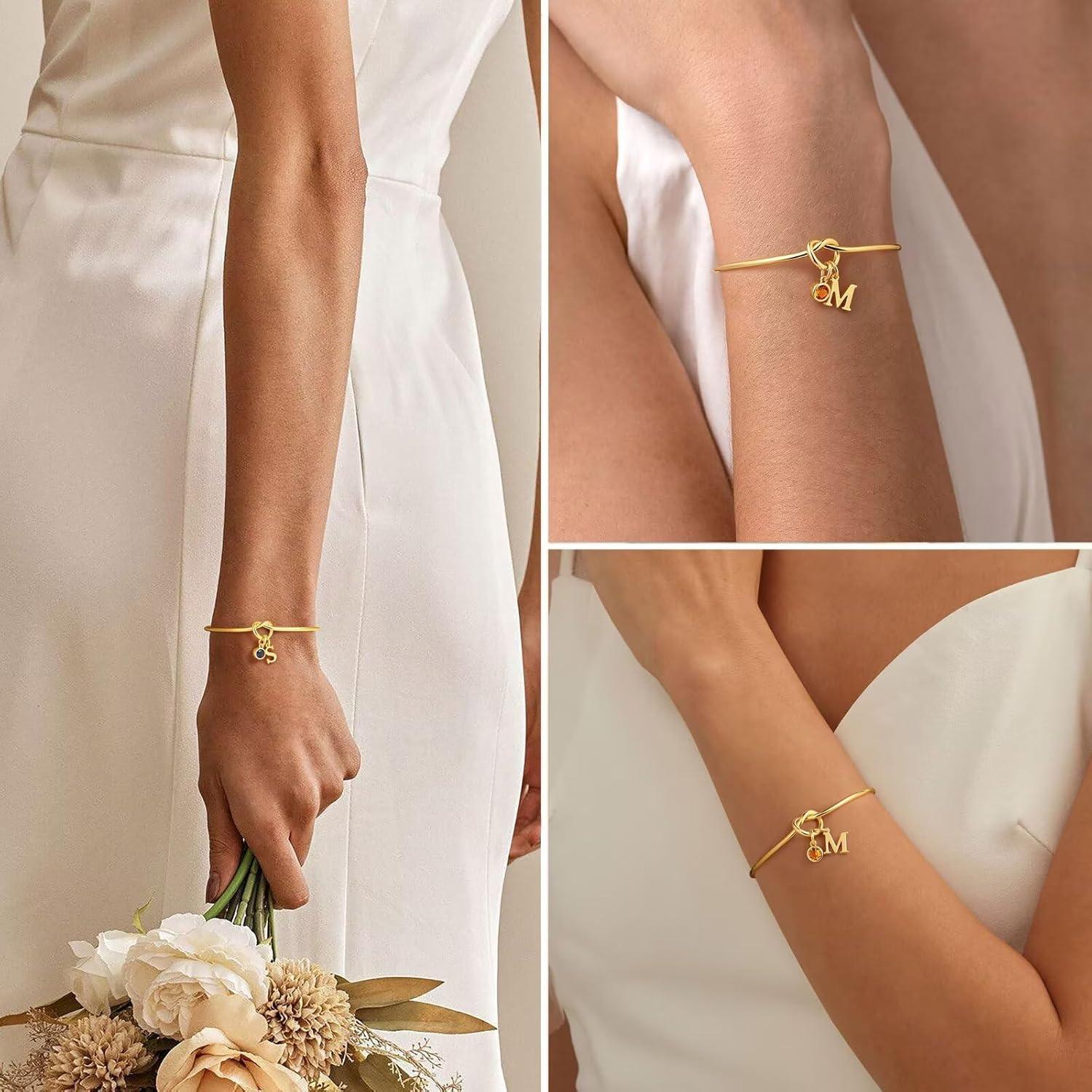 imageM MOOHAM Valentines Gifts for Kids Her Women Initial Birthstone Knot Bracelets for Women Jewelry Tie the Knot Bridesmaid Proposal Gifts 14KGoldPlated Adjustable Birthstone Initial Bracelets Gifts08AugustPeridot Light Green