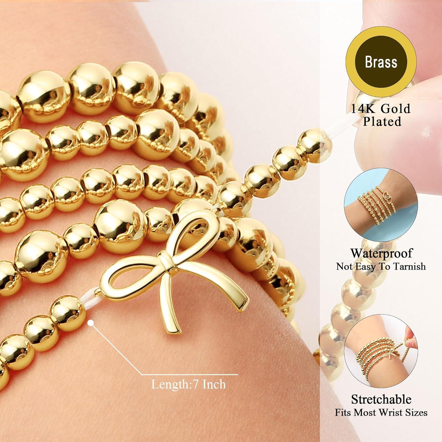 imageM MOOHAM Valentines Gifts for Women Teen Girls Elastic 14KGoldPlated Beaded Bracelet Stack Set Dainty Cross Bow Heart Charm Bracelet Adjustable Jewelry Set for Womens Teen Girls GiftsWave