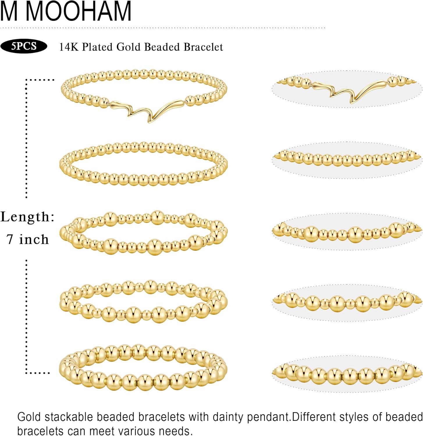imageM MOOHAM Valentines Gifts for Women Teen Girls Elastic 14KGoldPlated Beaded Bracelet Stack Set Dainty Cross Bow Heart Charm Bracelet Adjustable Jewelry Set for Womens Teen Girls GiftsWave