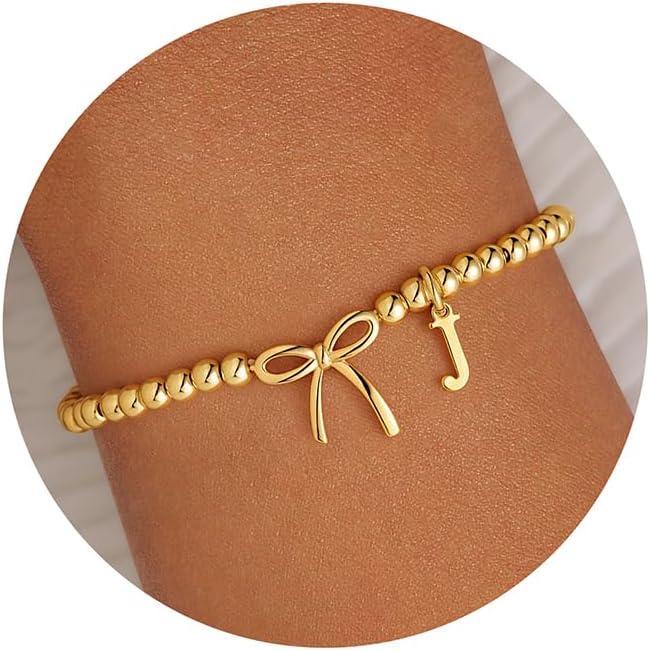 imageM MOOHAM Valentines Day Gifts for Her Women 14K Gold Plated Letter AZ Beaded Bracelet for Teen Girls Charm Stretch Initial Bracelets Women Dainty Bow Jewelry Personalized Birthday GiftsJ