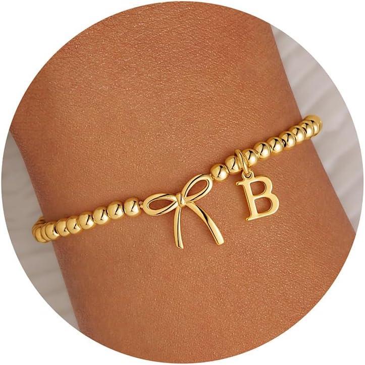 imageM MOOHAM Valentines Day Gifts for Her Women 14K Gold Plated Letter AZ Beaded Bracelet for Teen Girls Charm Stretch Initial Bracelets Women Dainty Bow Jewelry Personalized Birthday GiftsB
