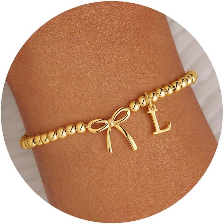 imageM MOOHAM Valentines Day Gifts for Her Women 14K Gold Plated Letter AZ Beaded Bracelet for Teen Girls Charm Stretch Initial Bracelets Women Dainty Bow Jewelry Personalized Birthday GiftsL