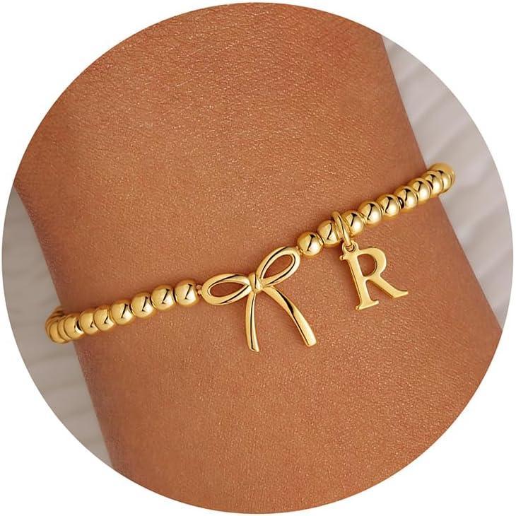 imageM MOOHAM Valentines Day Gifts for Her Women  14K Gold Plated Letter AZ Beaded Bracelet for Teen Girls Charm Stretch Initial Bracelets Women Dainty Bow Jewelry Personalized Birthday GiftsR