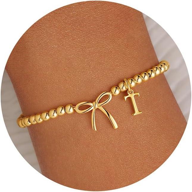 imageM MOOHAM Valentines Day Gifts for Her Women  14K Gold Plated Letter AZ Beaded Bracelet for Teen Girls Charm Stretch Initial Bracelets Women Dainty Bow Jewelry Personalized Birthday GiftsT