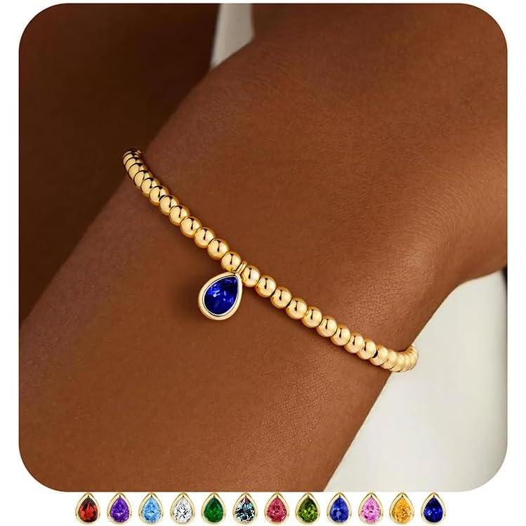 imageM MOOHAM Valentines Gifts for Her Kids Girls  Stretch Birthstone Bracelet for Girl Dainty 14KGoldPlated Beaded Bracelet Trendy Teardrop Birthstone Bracelets Birthday Jewelry Gifts for Women Girls12DecemberTanzanite Blue