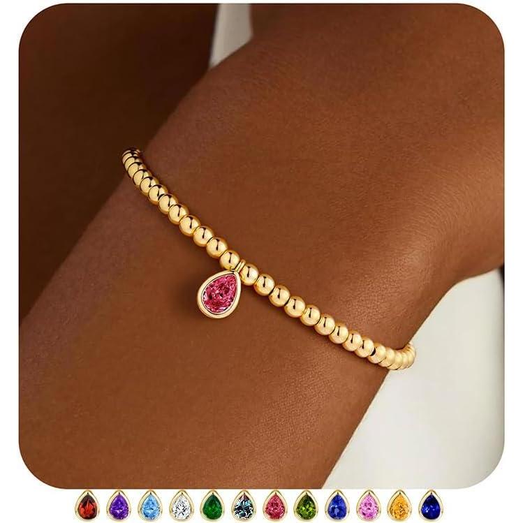 imageM MOOHAM Valentines Gifts for Her Kids Girls Stretch Birthstone Bracelet for Girl Dainty 14KGoldPlated Beaded Bracelet Trendy Teardrop Birthstone Bracelets Birthday Jewelry Gifts for Women Girls07JulyRuby Red
