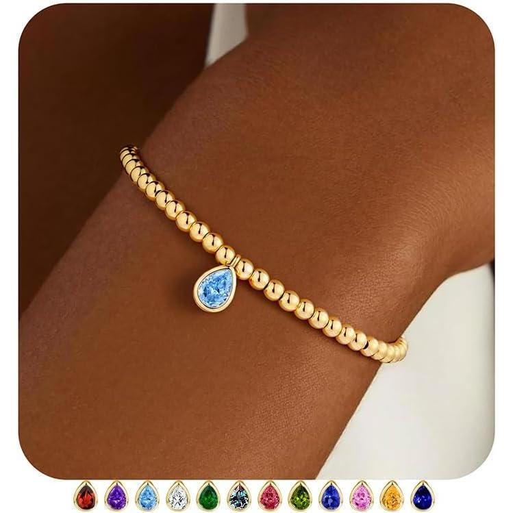 imageM MOOHAM Valentines Gifts for Her Kids Girls  Stretch Birthstone Bracelet for Girl Dainty 14KGoldPlated Beaded Bracelet Trendy Teardrop Birthstone Bracelets Birthday Jewelry Gifts for Women Girls03MarchAquamarine Light Blue