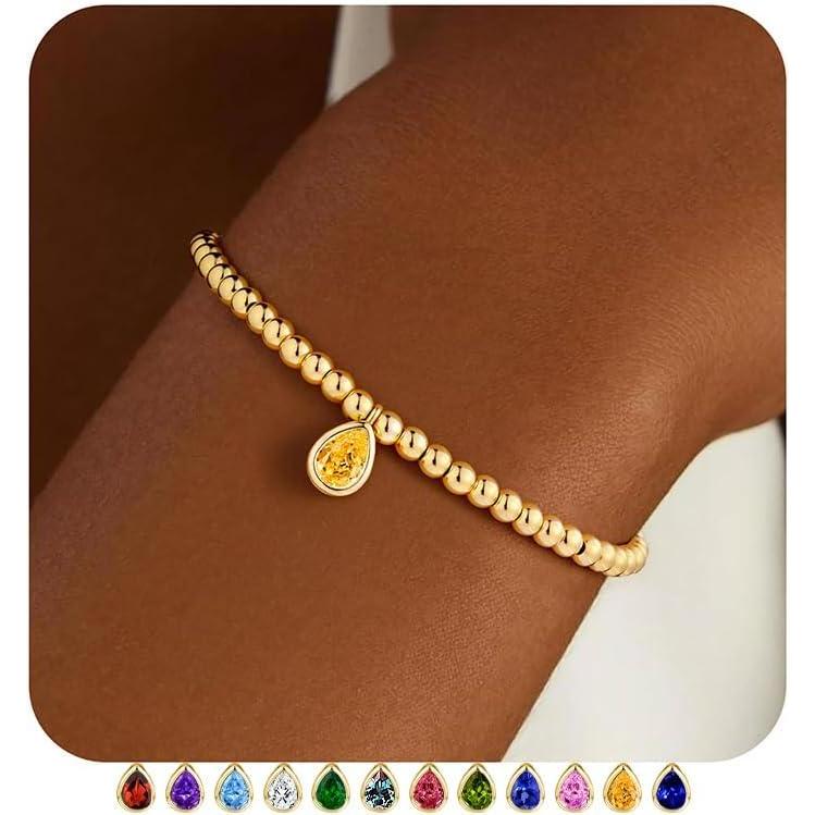 imageM MOOHAM Valentines Gifts for Her Kids Girls Stretch Birthstone Bracelet for Girl Dainty 14KGoldPlated Beaded Bracelet Trendy Teardrop Birthstone Bracelets Birthday Jewelry Gifts for Women Girls11NovemberCitrine Yellow