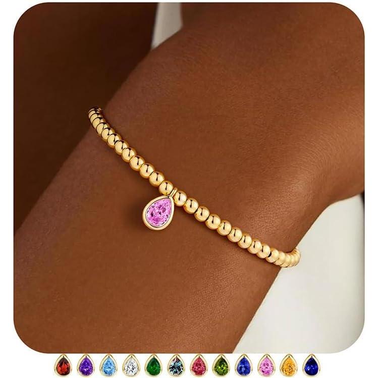 imageM MOOHAM Valentines Gifts for Her Kids Girls Stretch Birthstone Bracelet for Girl Dainty 14KGoldPlated Beaded Bracelet Trendy Teardrop Birthstone Bracelets Birthday Jewelry Gifts for Women Girls10OctoberTourmaline Pink