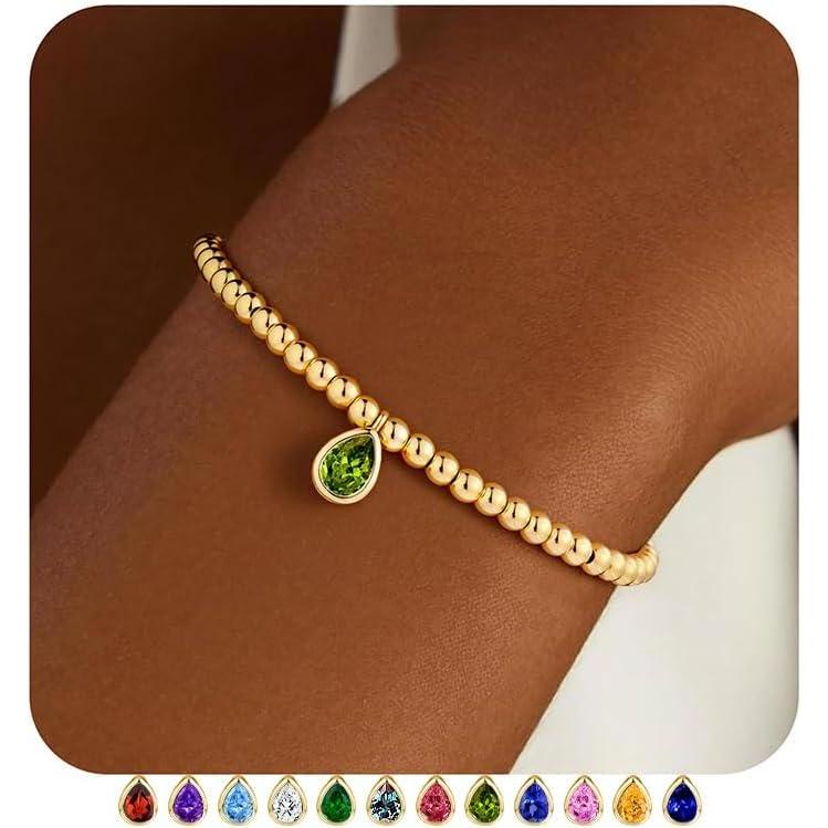 imageM MOOHAM Valentines Gifts for Her Kids Girls Stretch Birthstone Bracelet for Girl Dainty 14KGoldPlated Beaded Bracelet Trendy Teardrop Birthstone Bracelets Birthday Jewelry Gifts for Women Girls08AugustPeridot Olive Green
