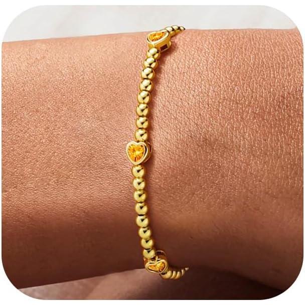 imageM MOOHAM Valentines Gifts for Her Women  Valentines Day Heart Birthstone Bracelet Dainty 14KGoldPlated Heart CZ Birthstone Bracelets Elastic Beaded Trendy Jewelry Bracelet Birthday Gifts for Women11NovemberCitrine Yellow