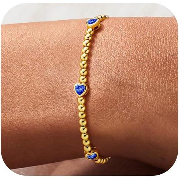 imageM MOOHAM Valentines Gifts for Her Women  Valentines Day Heart Birthstone Bracelet Dainty 14KGoldPlated Heart CZ Birthstone Bracelets Elastic Beaded Trendy Jewelry Bracelet Birthday Gifts for Women09SeptemberSapphire Blue