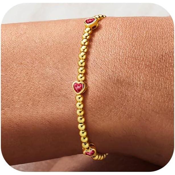 imageM MOOHAM Valentines Gifts for Her Women  Valentines Day Heart Birthstone Bracelet Dainty 14KGoldPlated Heart CZ Birthstone Bracelets Elastic Beaded Trendy Jewelry Bracelet Birthday Gifts for Women07JulyRuby Rose Red