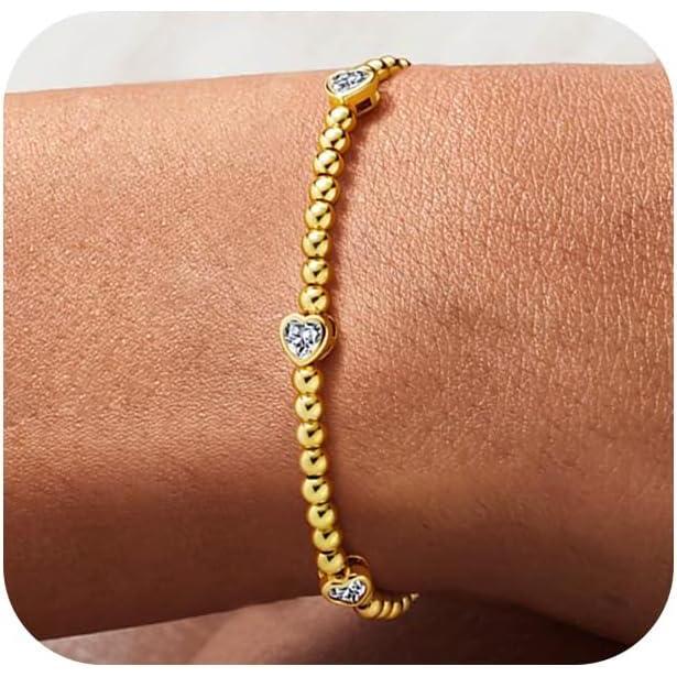 imageM MOOHAM Valentines Gifts for Her Women  Valentines Day Heart Birthstone Bracelet Dainty 14KGoldPlated Heart CZ Birthstone Bracelets Elastic Beaded Trendy Jewelry Bracelet Birthday Gifts for Women04AprilClear CZ