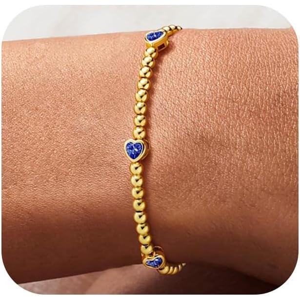 imageM MOOHAM Valentines Gifts for Her Women Valentines Day Heart Birthstone Bracelet Dainty 14KGoldPlated Heart CZ Birthstone Bracelets Elastic Beaded Trendy Jewelry Bracelet Birthday Gifts for Women12DecemberTanzanite Blue