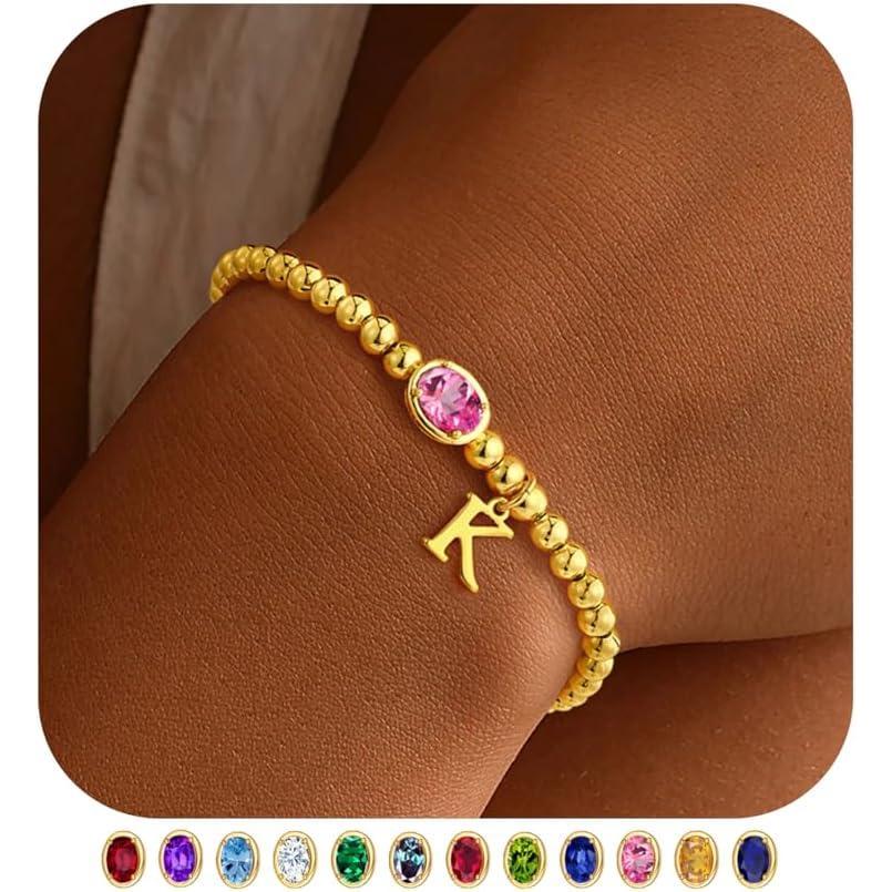 imageM MOOHAM Valentines Gifts for Her Women Kids  Initial Birthstone Bracelet Elastic 14KGoldPlated Bead Bracelets Birthstone Bracelets Jewelry Valentines Gifts for Mom Sister Wife Girlfriend Teen GirlK