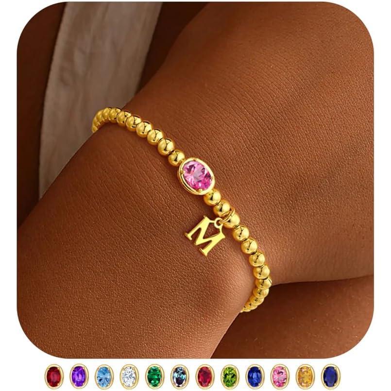 imageM MOOHAM Valentines Gifts for Her Women Kids Initial Birthstone Bracelet Elastic 14KGoldPlated Bead Bracelets Birthstone Bracelets Jewelry Valentines Gifts for Mom Sister Wife Girlfriend Teen GirlM