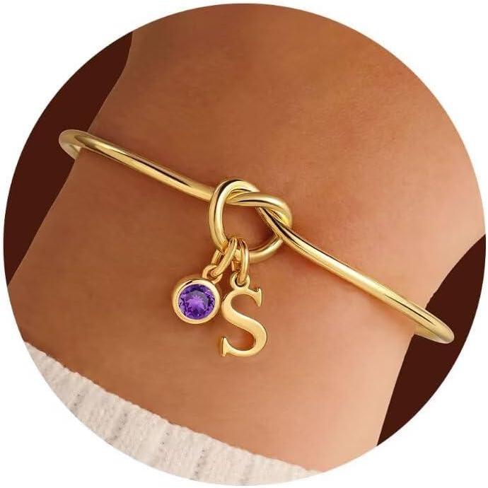imageM MOOHAM Valentines Gifts for Kids Her Women  Initial Birthstone Knot Bracelets for Women Jewelry Tie the Knot Bridesmaid Proposal Gifts 14KGoldPlated Adjustable Birthstone Initial Bracelets Gifts02FebruaryAmethyst Purple