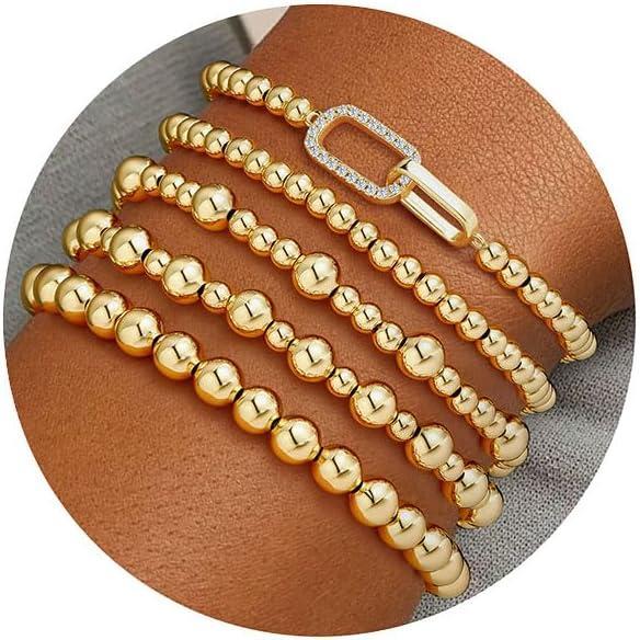 imageM MOOHAM Valentines Gifts for Women Teen Girls Elastic 14KGoldPlated Beaded Bracelet Stack Set Dainty Cross Bow Heart Charm Bracelet Adjustable Jewelry Set for Womens Teen Girls GiftsCZ Knot