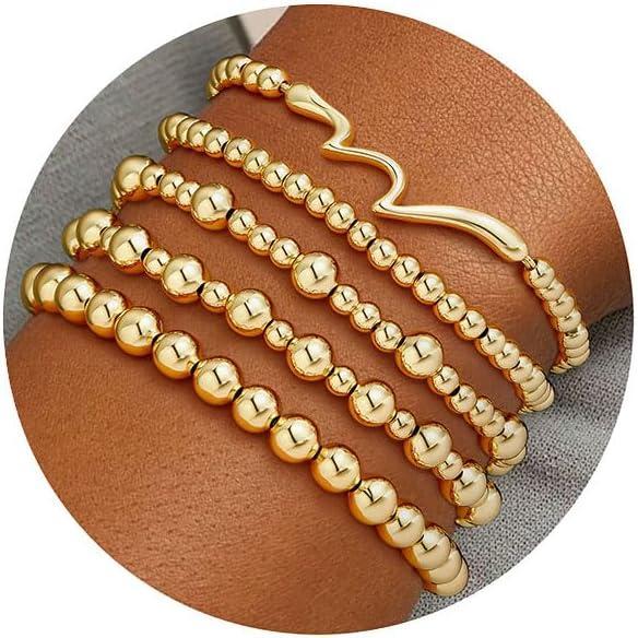 imageM MOOHAM Valentines Gifts for Women Teen Girls Elastic 14KGoldPlated Beaded Bracelet Stack Set Dainty Cross Bow Heart Charm Bracelet Adjustable Jewelry Set for Womens Teen Girls GiftsWave