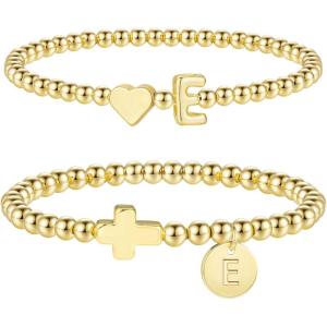 M MOOHAM Gold Beaded Bracelets – Heart Initial Bracelets & Cross Initial Bracelets Letter E