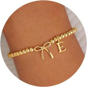 M MOOHAM Valentines Day Gifts for Her Women – 14K Gold Plated Letter A-Z Beaded Bracelet for Teen Girls, Charm Stretch Initial Bracelets, Women Dainty Bow Jewelry Personalized Birthday Gifts(E)