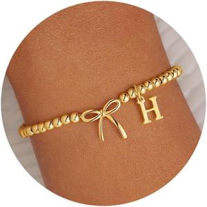 M MOOHAM Valentines Day Gifts for Her Women – 14K Gold Plated Letter A-Z Beaded Bracelet for Teen Girls, Charm Stretch Initial Bracelets, Women Dainty Bow Jewelry Personalized Birthday Gifts(H)