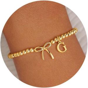 M MOOHAM Valentines Day Gifts for Her Women – 14K Gold Plated Letter A-Z Beaded Bracelet for Teen Girls, Charm Stretch Initial Bracelets, Women Dainty Bow Jewelry Personalized Birthday Gifts(G)