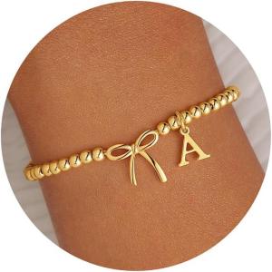 M MOOHAM Valentines Day Gifts for Her Women – 14K Gold Plated Letter A-Z Beaded Bracelet for Teen Girls, Charm Stretch Initial Bracelets, Women Dainty Bow Jewelry Personalized Birthday Gifts(A)