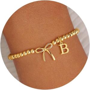 M MOOHAM Valentines Day Gifts for Her Women – 14K Gold Plated Letter A-Z Beaded Bracelet for Teen Girls, Charm Stretch Initial Bracelets, Women Dainty Bow Jewelry Personalized Birthday Gifts(B)