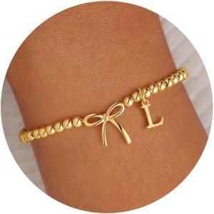 M MOOHAM Valentines Day Gifts for Her Women – 14K Gold Plated Letter A-Z Beaded Bracelet for Teen Girls, Charm Stretch Initial Bracelets, Women Dainty Bow Jewelry Personalized Birthday Gifts(L)