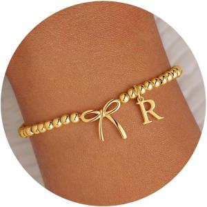 M MOOHAM Valentines Day Gifts for Her Women – 14K Gold Plated Letter A-Z Beaded Bracelet for Teen Girls, Charm Stretch Initial Bracelets, Women Dainty Bow Jewelry Personalized Birthday Gifts(R)