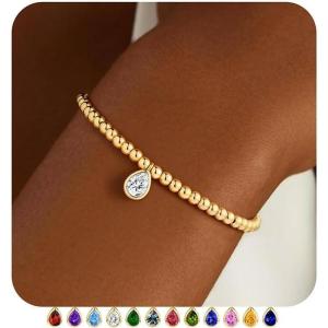M MOOHAM Valentines Gifts for Her Kids Girls – Stretch Birthstone Bracelet for Girl Dainty 14K-Gold-Plated Beaded Bracelet Trendy Teardrop Birthstone Bracelets Birthday Jewelry Gifts for Women Girls(04-April-Clear CZ)