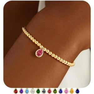 M MOOHAM Valentines Gifts for Her Kids Girls – Stretch Birthstone Bracelet for Girl Dainty 14K-Gold-Plated Beaded Bracelet Trendy Teardrop Birthstone Bracelets Birthday Jewelry Gifts for Women Girls(07-July-Ruby Red)