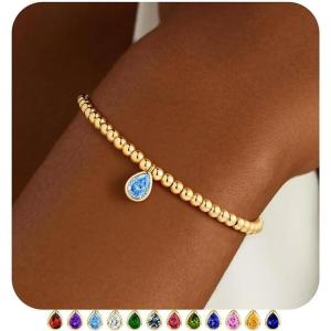 M MOOHAM Valentines Gifts for Her Kids Girls – Stretch Birthstone Bracelet for Girl Dainty 14K-Gold-Plated Beaded Bracelet Trendy Teardrop Birthstone Bracelets Birthday Jewelry Gifts for Women Girls(03-March-Aquamarine Light Blue)