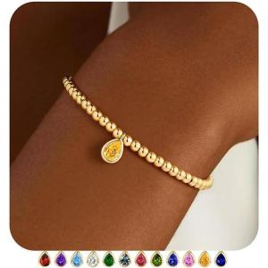 M MOOHAM Valentines Gifts for Her Kids Girls – Stretch Birthstone Bracelet for Girl Dainty 14K-Gold-Plated Beaded Bracelet Trendy Teardrop Birthstone Bracelets Birthday Jewelry Gifts for Women Girls(11-November-Citrine Yellow)