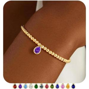 M MOOHAM Valentines Gifts for Her Kids Girls – Stretch Birthstone Bracelet for Girl Dainty 14K-Gold-Plated Beaded Bracelet Trendy Teardrop Birthstone Bracelets Birthday Jewelry Gifts for Women Girls(02-February-Amethyst Purple)