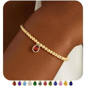 M MOOHAM Valentines Gifts for Her Kids Girls – Stretch Birthstone Bracelet for Girl Dainty 14K-Gold-Plated Beaded Bracelet Trendy Teardrop Birthstone Bracelets Birthday Jewelry Gifts for Women Girls(01-January-Garnet Red)
