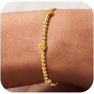 M MOOHAM Valentines Gifts for Her Women – Valentines Day Heart Birthstone Bracelet Dainty 14K-Gold-Plated Heart CZ Birthstone Bracelets Elastic Beaded Trendy Jewelry Bracelet Birthday Gifts for Women(11-November-Citrine Yellow)