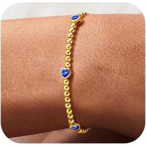 M MOOHAM Valentines Gifts for Her Women – Valentines Day Heart Birthstone Bracelet Dainty 14K-Gold-Plated Heart CZ Birthstone Bracelets Elastic Beaded Trendy Jewelry Bracelet Birthday Gifts for Women(09-September-Sapphire Blue)