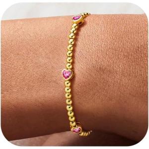 M MOOHAM Valentines Gifts for Her Women – Valentines Day Heart Birthstone Bracelet Dainty 14K-Gold-Plated Heart CZ Birthstone Bracelets Elastic Beaded Trendy Jewelry Bracelet Birthday Gifts for Women(10-October-Tourmaline Pink)