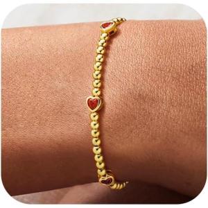 M MOOHAM Valentines Gifts for Her Women – Valentines Day Heart Birthstone Bracelet Dainty 14K-Gold-Plated Heart CZ Birthstone Bracelets Elastic Beaded Trendy Jewelry Bracelet Birthday Gifts for Women(01-January-Garnet Red)